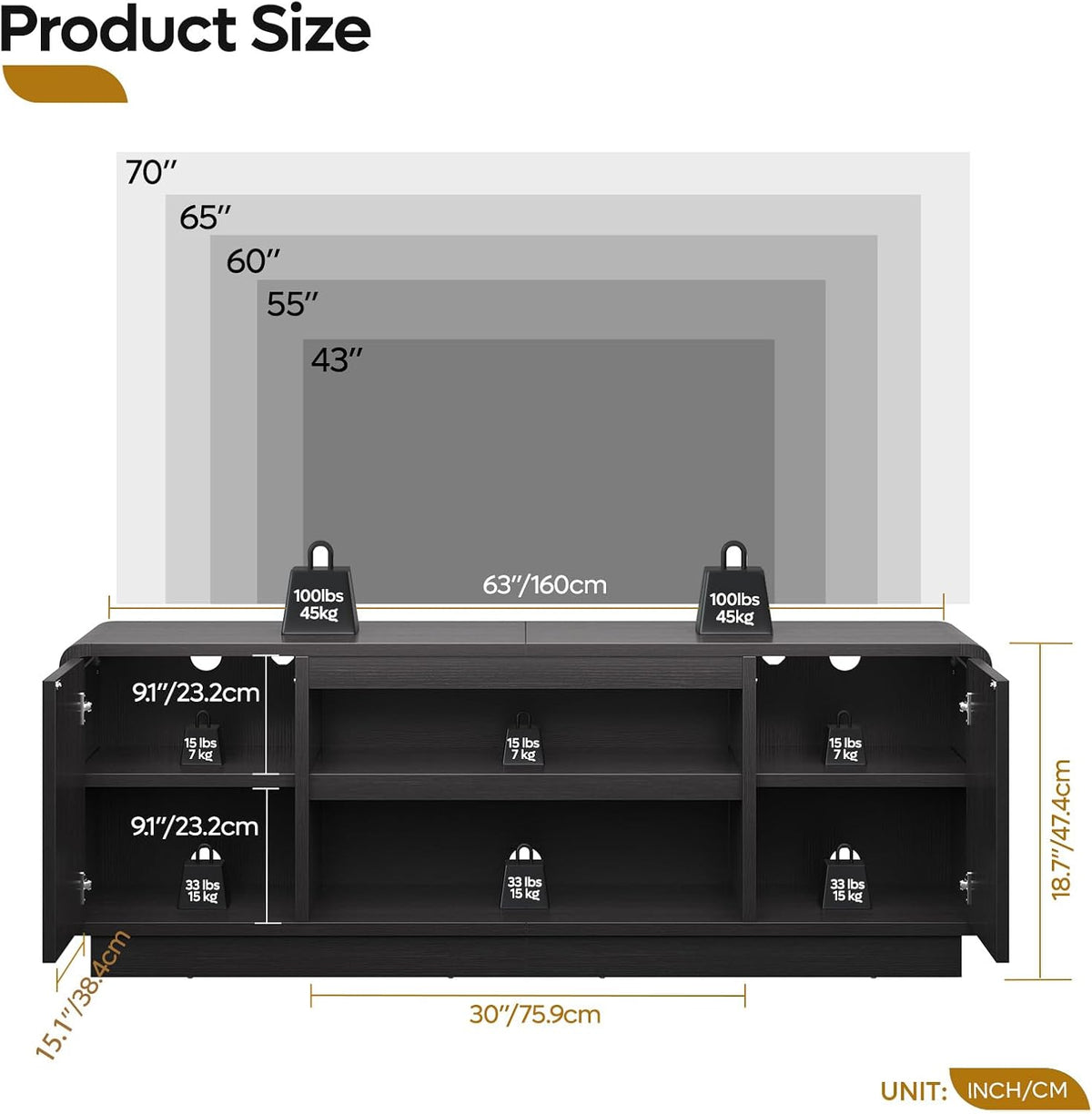 Bestier 63" Mid Century Arched TV Stand with Storage, Black