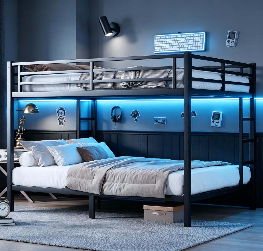 Bellemave Full Over Full Bunk Beds, Metal Bunk Bed with Ladder and Guardrail for Kids, Adults, Can be Split, White