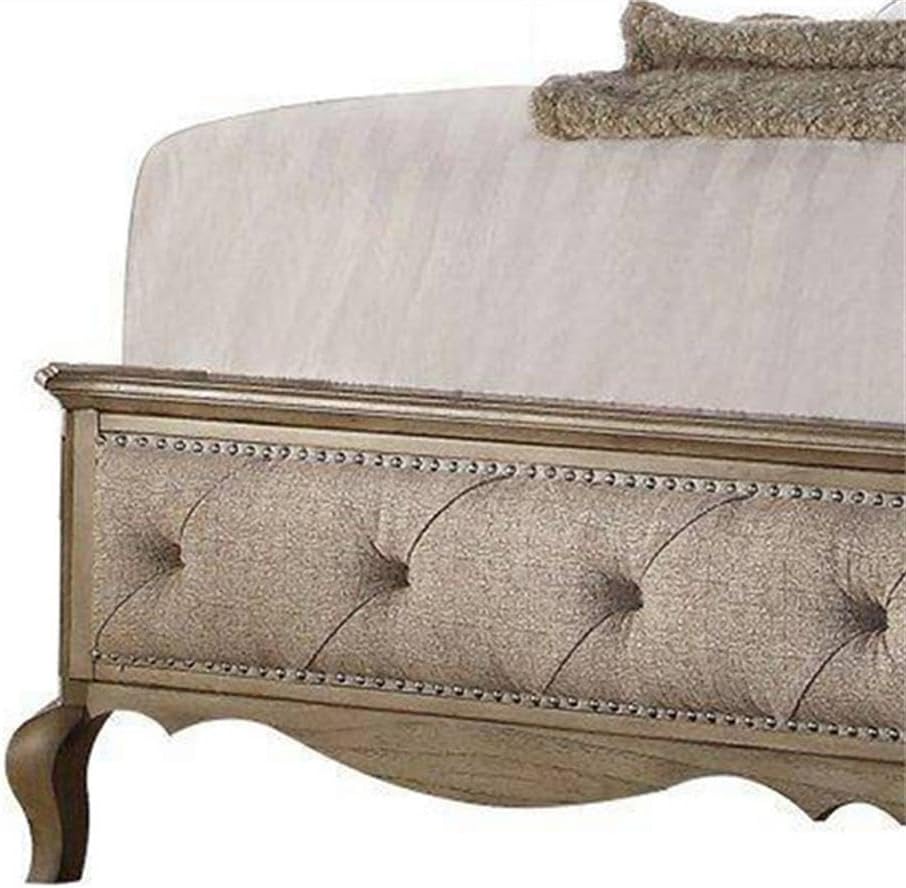 BOWERY HILL Eastern King Bed, Button Tufted Beige Upholstery, Molded Details, Nailhead Trim, Cabriole Feet, Scalloped Apron, Traditional Style Bed for Bedroom, Box Spring Required