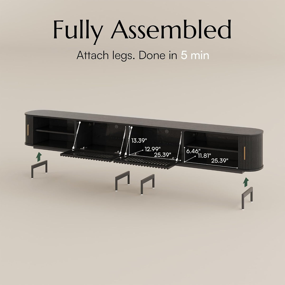 POVISON 118.11" Wood Fully-Assembled Sliding Tambour Door TV Stand, Black