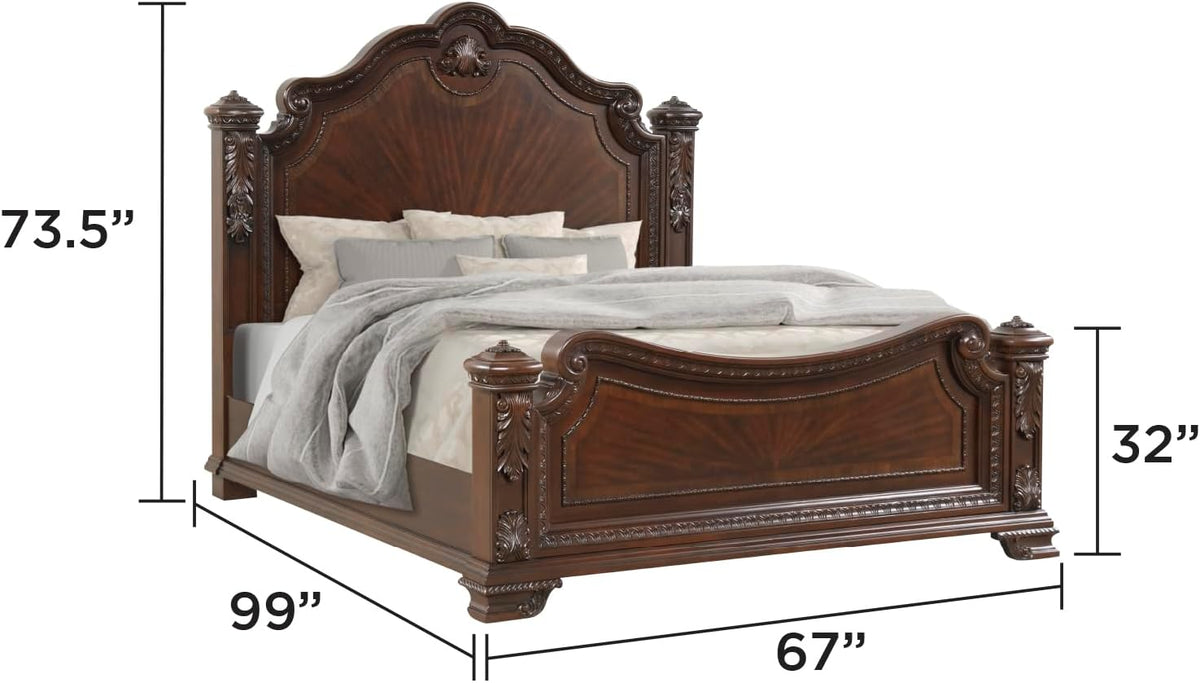 Traditional Queen Bed with Intricate Wood Carvings