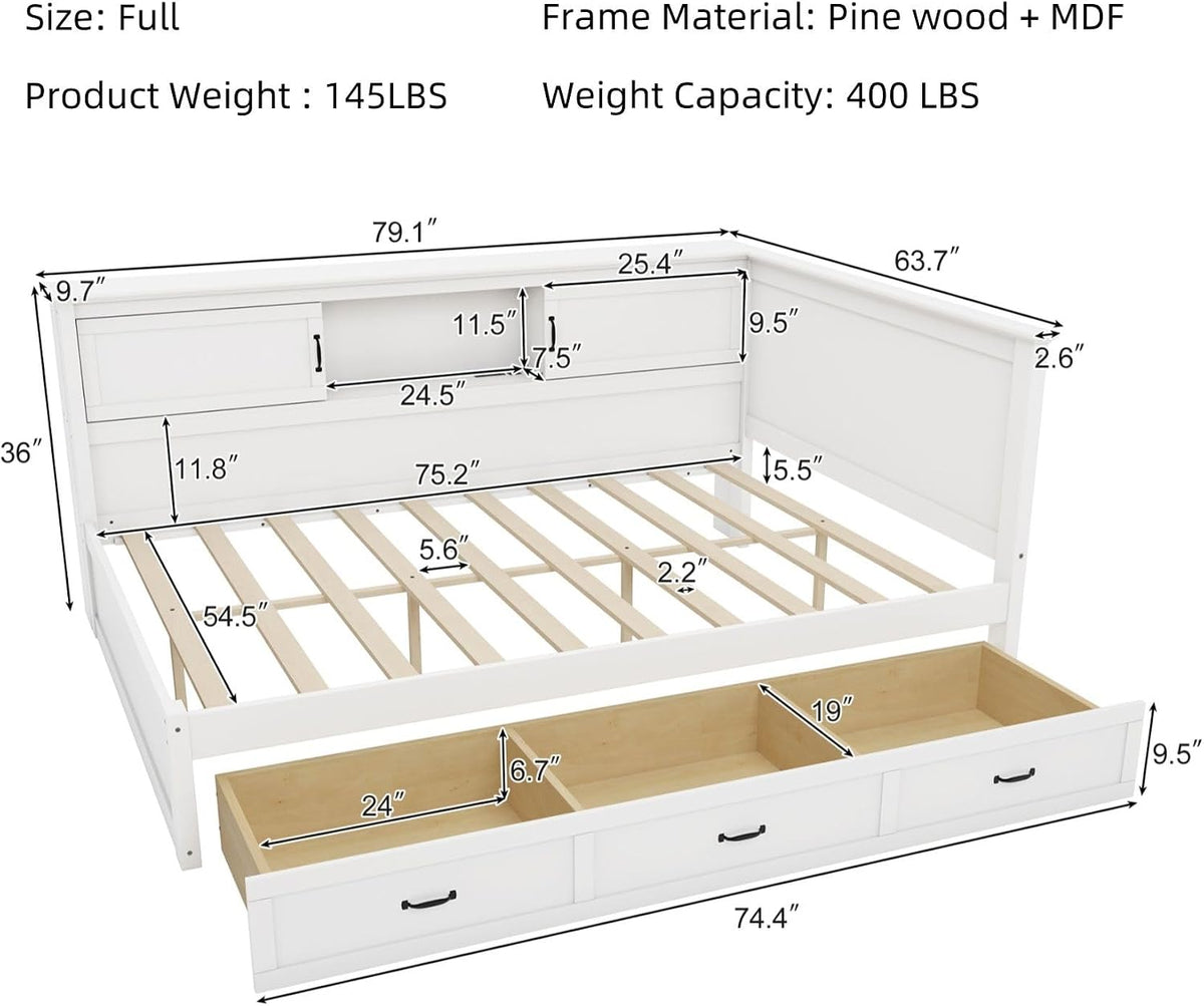Merax Full Size Corner Bed Frames with Storage Drawers, Bookcase, Charging Station, Led Downlight, Wooden L-Shaped Captain Daybed Platform for Small Room, Bedroom, Guest Room, Kids'Room, White