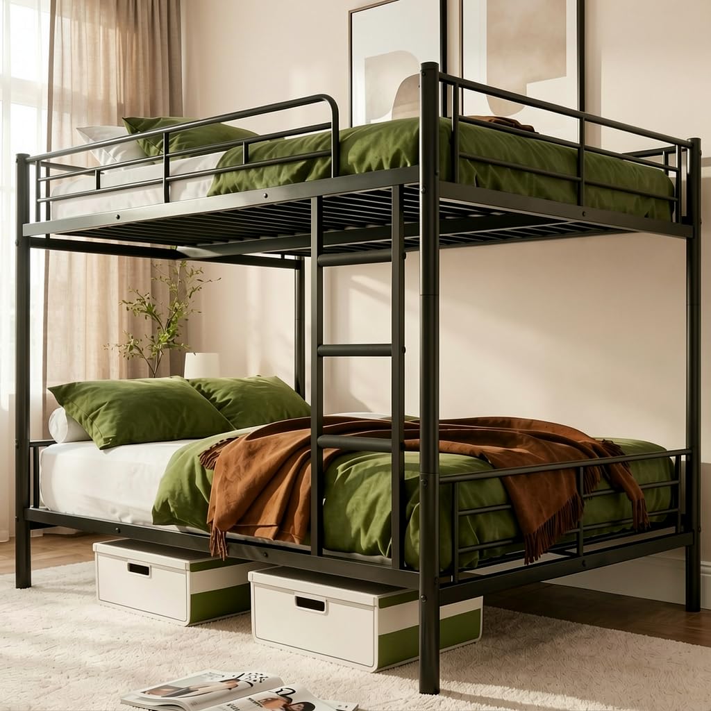 Queen over Queen Bunk Bed for Adults, Heavy Duty 600lbs Guardrails & Ladder