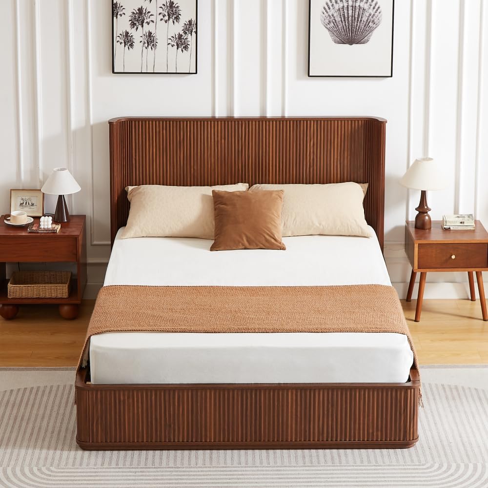 Walnut Corrugated Wave Wood Headboard Queen Bed Frame, 44" Tall Modern Minimalist Platform Bed, Heavy Duty Wood Slats, No Box Spring Needed, Easy Assembly