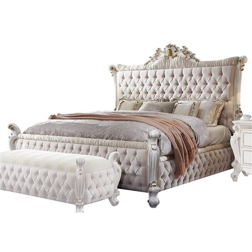 Acme Furniture Picardy Queen Bed in Fabric & Antique Pearl, 90 x 76 x 69