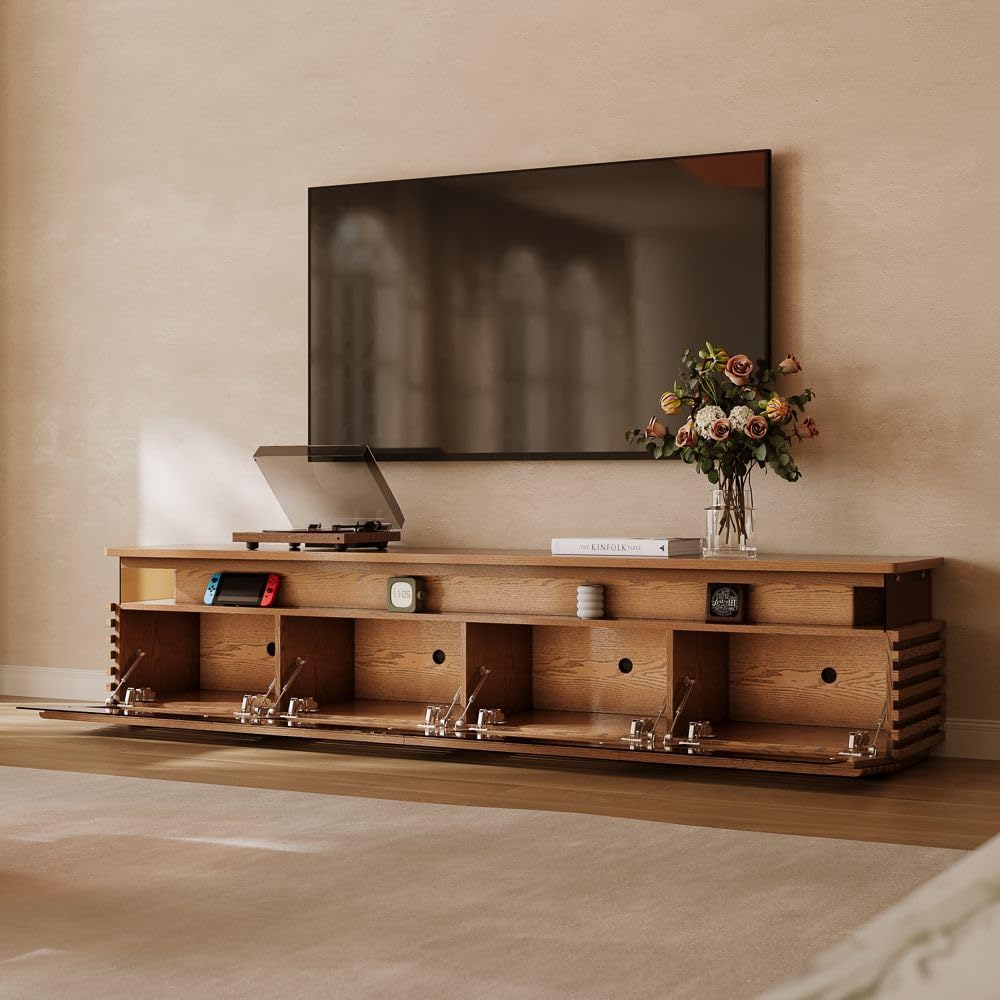 POVISON 94.49'' Fully Assembled TV Stand with Adjustable LED Lights, Walnut