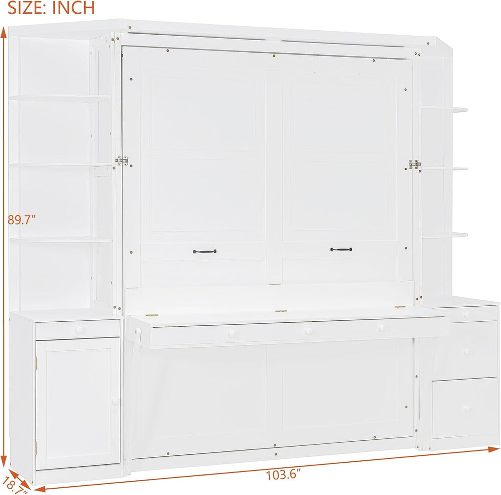 YOPTO Queen Murphy Bed with Storage Shelves and Desk,Cabinets,Lights,White