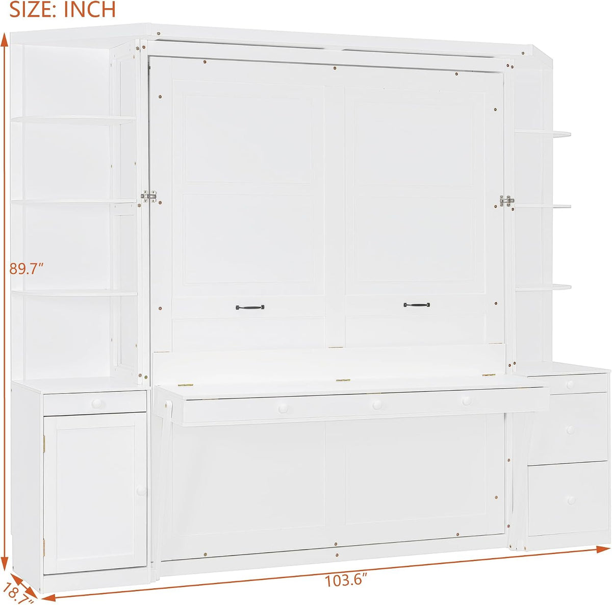 YOPTO Queen Murphy Bed with Storage Shelves and Desk,Cabinets,Lights,White