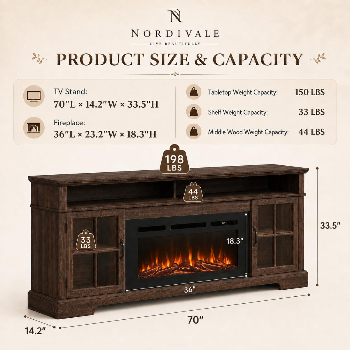 70" Farmhouse Fireplace TV Stand for TVs up to 80", Entertainment Center with 36" Electric Fireplace, LED Lights and Glass-Door Storage Cabinets, Brown