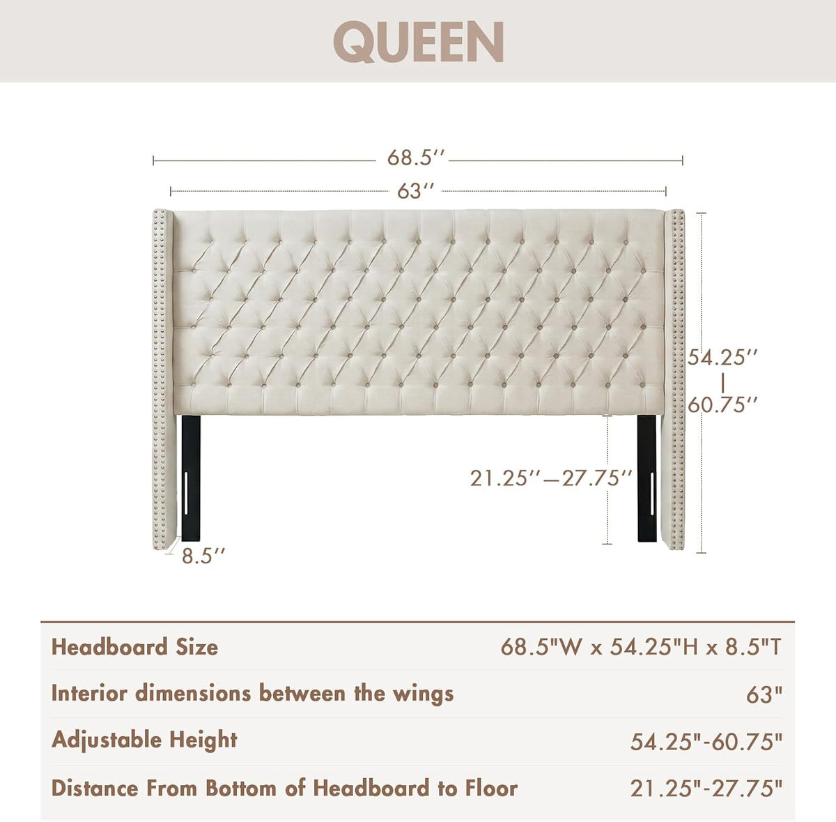Madison Park Amelia Upholstered Headboard | Nail Head Trim Wingback Button Tufted | Queen, Cream