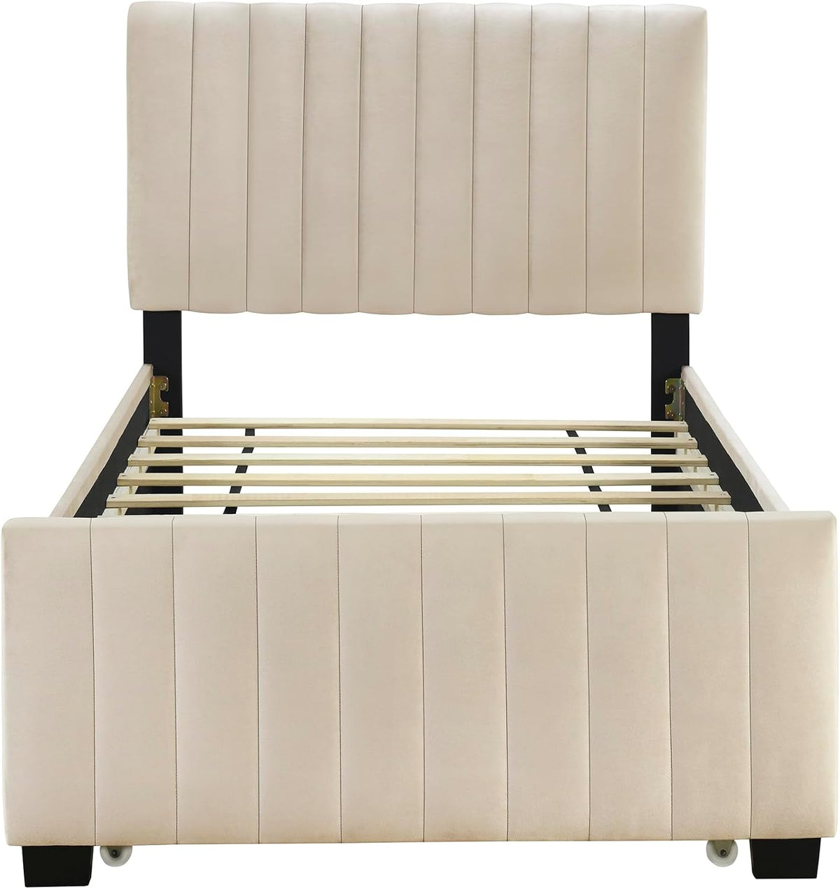 Merax Twin Size Velvet Upholstered Platform Bed, Wood Bed Frame with Twin Size Trundle, Beige