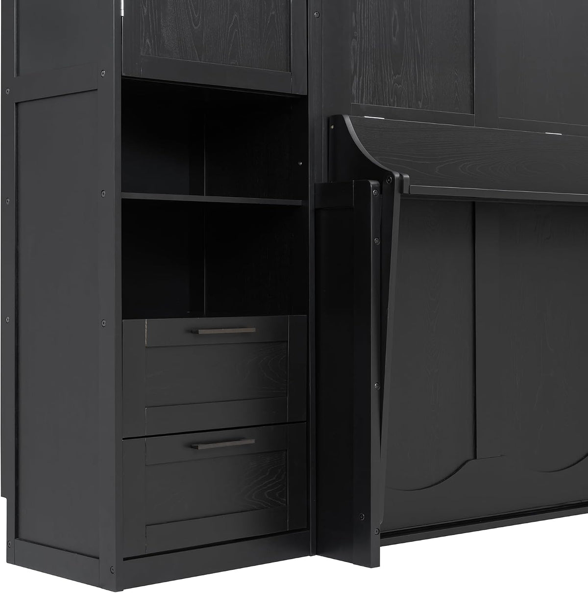 Merax Queen Murphy Bed with Side Wardrobes & Drawers, Queen Size Wall Bed Frame, Multi-Functional Hidden Fold Down Cabinet Bed with Clothing Hanging Rods & Open Shelves, Black