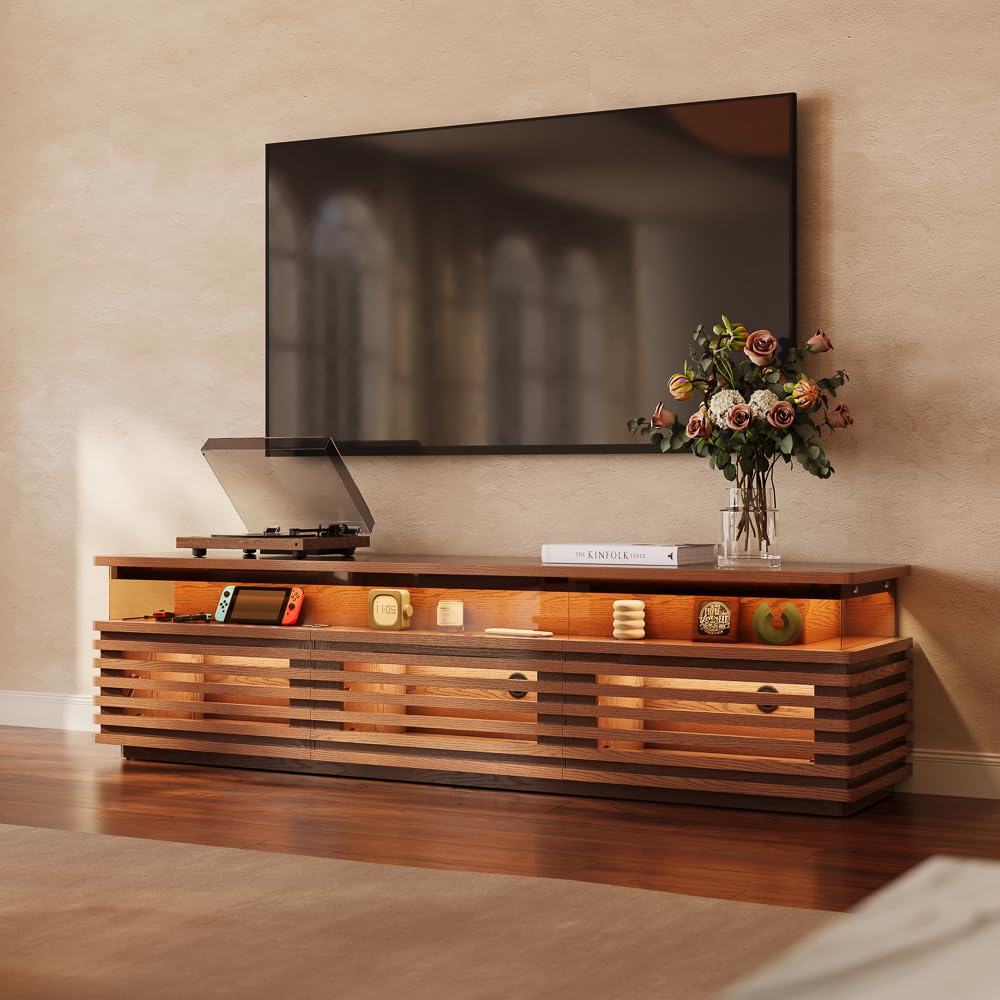POVISON 94.49'' Fully Assembled TV Stand with Adjustable LED Lights, Walnut