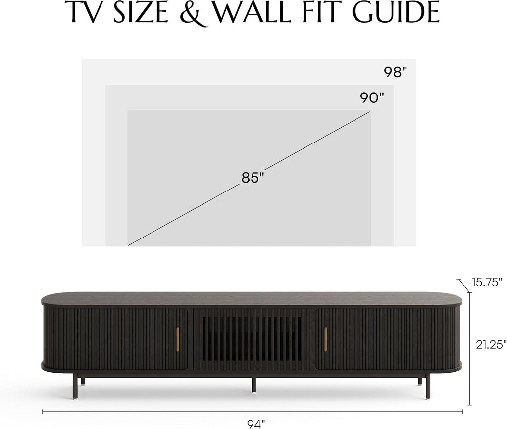 POVISON 94.49" Wood Fully-Assembled Sliding Tambour Door TV Stand, Black