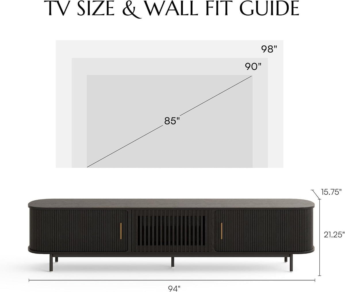 POVISON 94.49" Wood Fully-Assembled Sliding Tambour Door TV Stand, Black