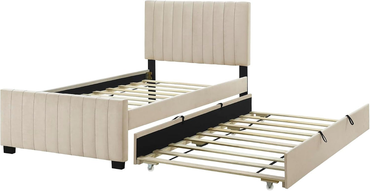 Merax Twin Size Velvet Upholstered Platform Bed, Wood Bed Frame with Twin Size Trundle, Beige