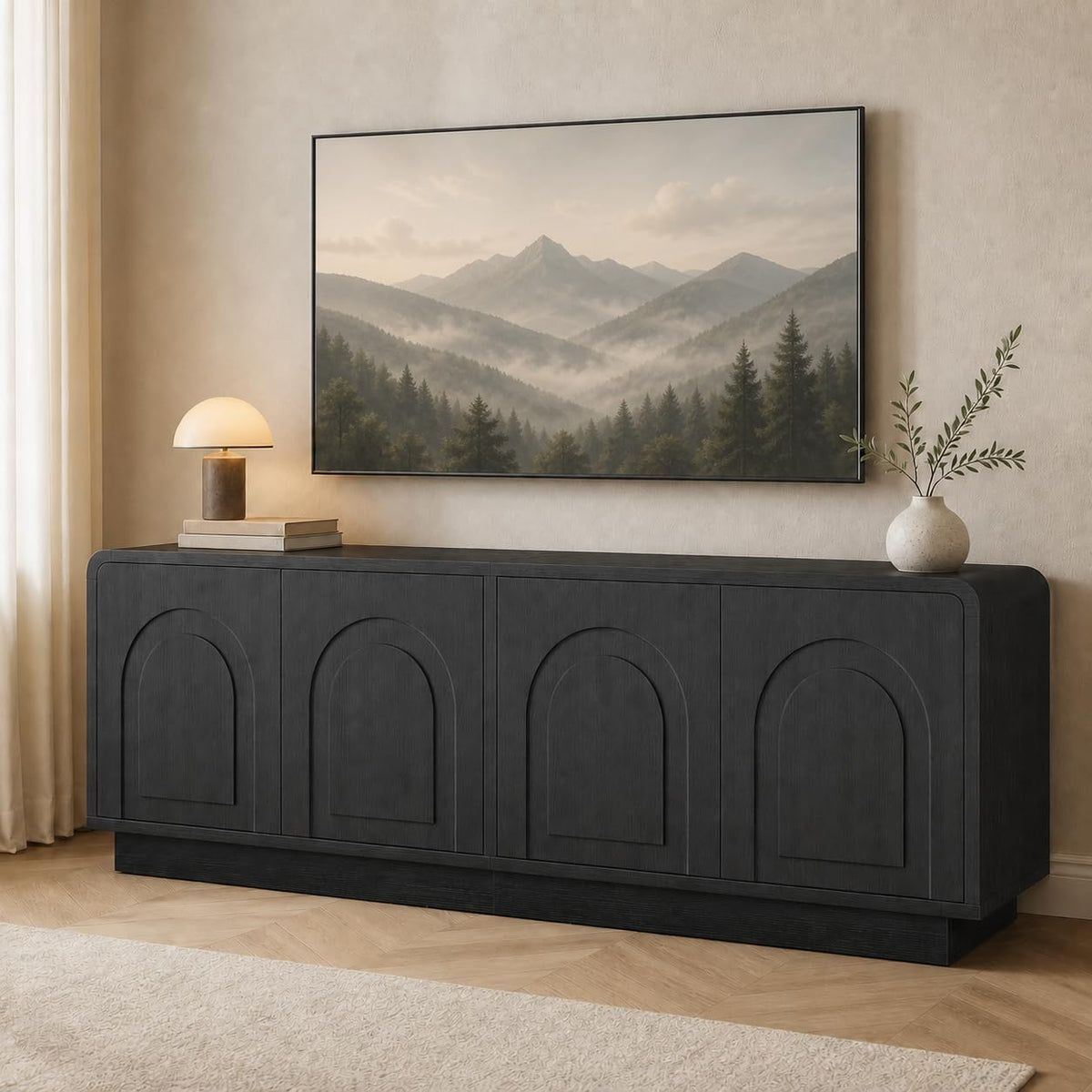 Bestier 63" Mid Century Arched TV Stand with Storage, Black