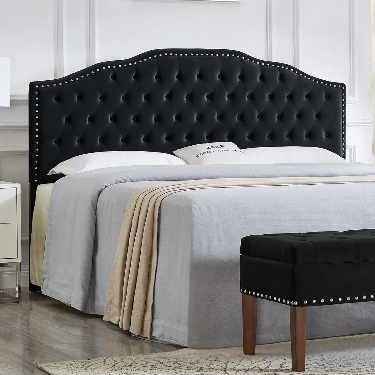 24KF Upholstered Button Tufted King Size Headboard with Nailhead Trim, Soft Velvet Fabric Headboard King/Cal King Size -Dark Gray