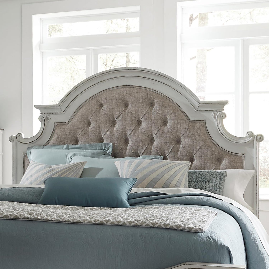 Liberty Furniture Magnolia Manor Queen Upholstered Panel Headboard European Traditional Bedroom - Antique White & Weathered Bark Oak Wood