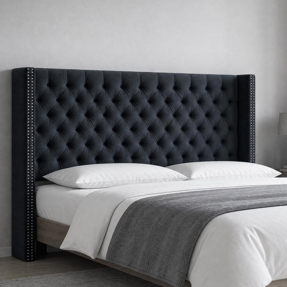 Madison Park Amelia Upholstered Headboard | Nail Head Trim Wingback Button Tufted | Queen, Cream