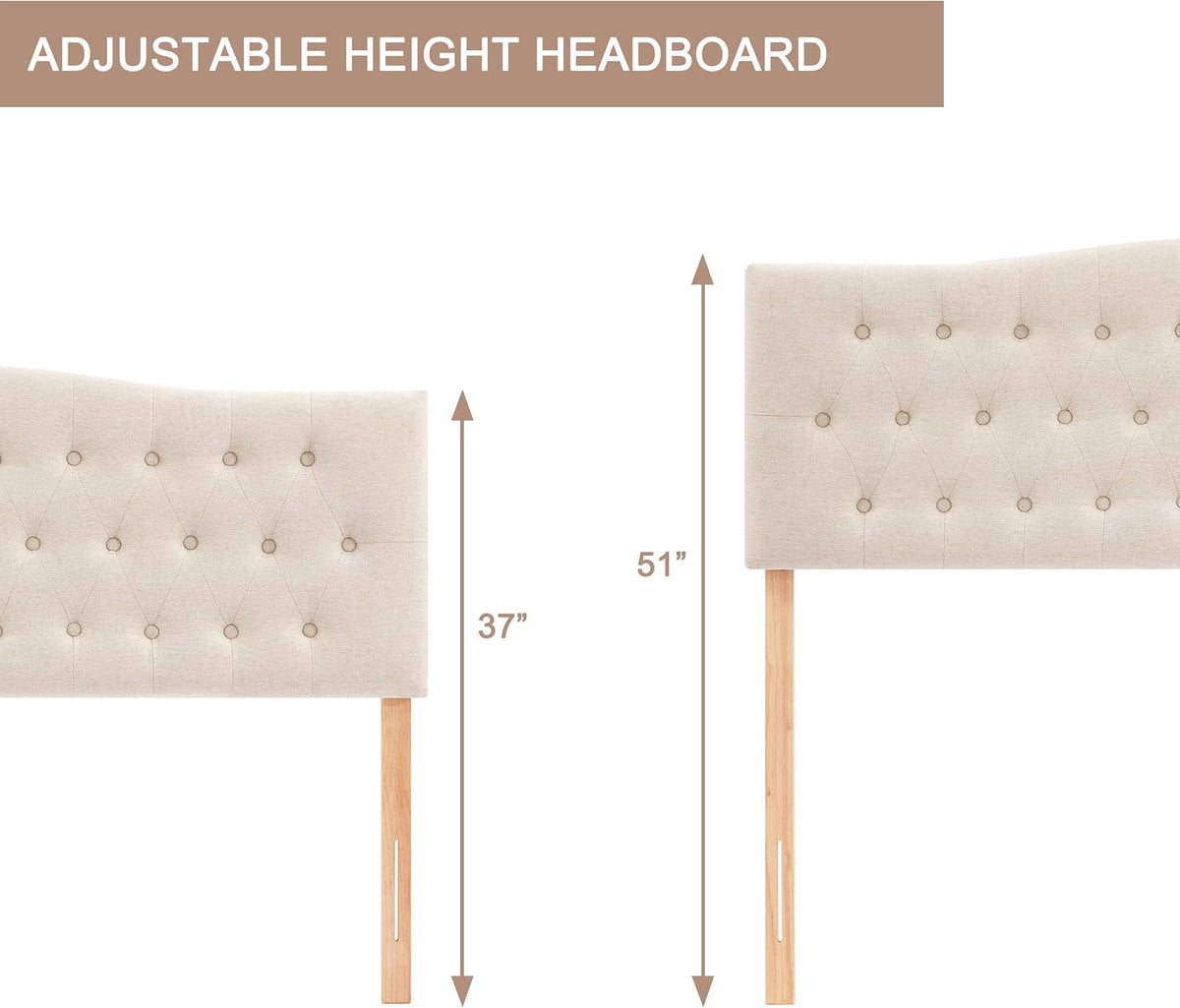 Tufted Headboard Queen Size, Solid Wood Adjustable Height Head Board, Beige