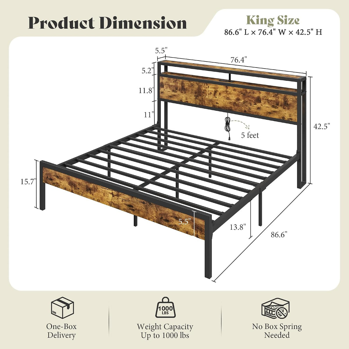 AMERLIFE King Size Platform Bed Frame with Charging Station