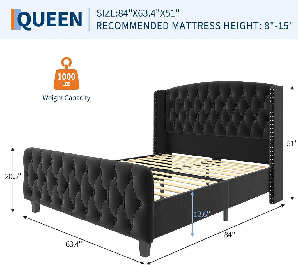 51" Tall Deep Button Tufted Suede Queen Bed Frame – Wingback Headboard & Footboard with Nailhead Trim – Sturdy Wood Slats, No Box Season Needed, Easy Assembly