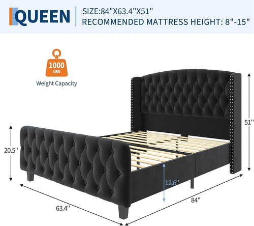 51" Tall Deep Button Tufted Suede Queen Bed Frame – Wingback Headboard & Footboard with Nailhead Trim – Sturdy Wood Slats, No Box Season Needed, Easy Assembly