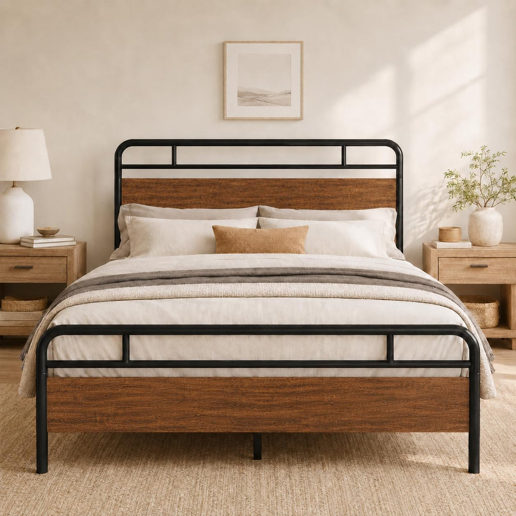 Allewie Queen Size Industrial Bed Frame with Wood Panels, Walnut