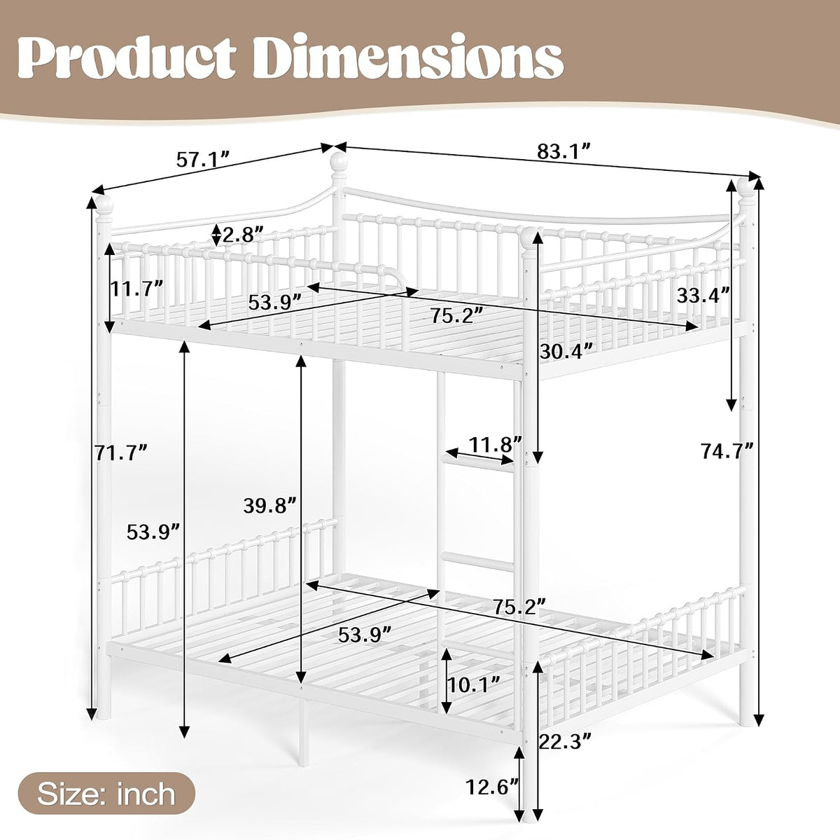 Bellemave Full Over Full Bunk Beds, Metal Bunk Bed with Ladder and Guardrail for Kids, Adults, Can be Split, White