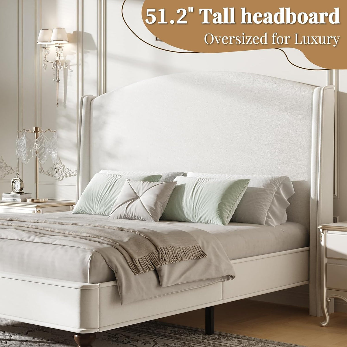 BarnFurin Queen Bed Frame, 52" Elegant Wingback Headboard, Beige