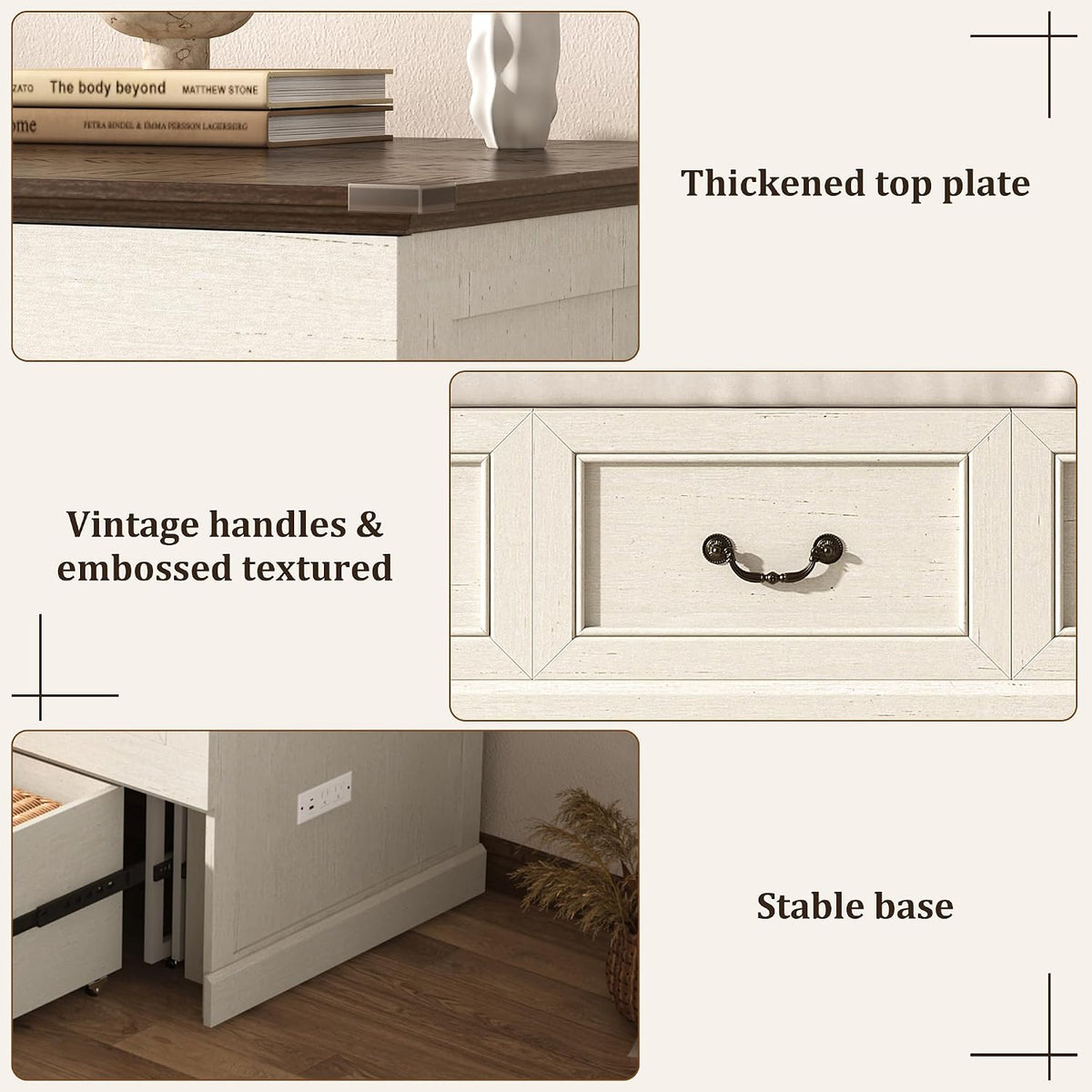St.Mandyu Full Murphy Bed with Storage Drawers, Farmhouse Folding Bed Chest with Charging Station, Hideaway Beds with Foldable Panel for Guest Bedroom, Living Room, Office, Distressed White