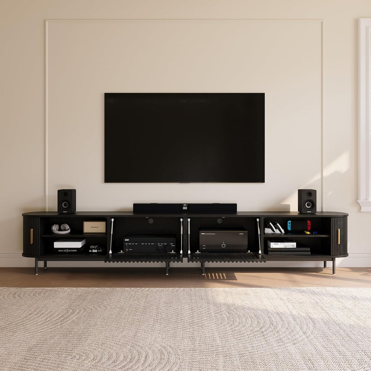 POVISON 118.11" Wood Fully-Assembled Sliding Tambour Door TV Stand, Black