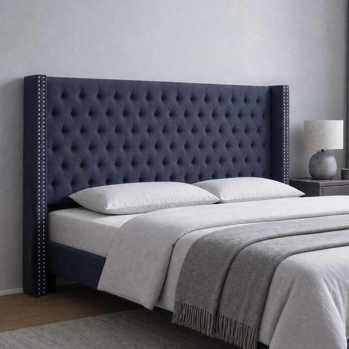 Madison Park Amelia Upholstered Headboard | Nail Head Trim Wingback Button Tufted | Queen, Cream