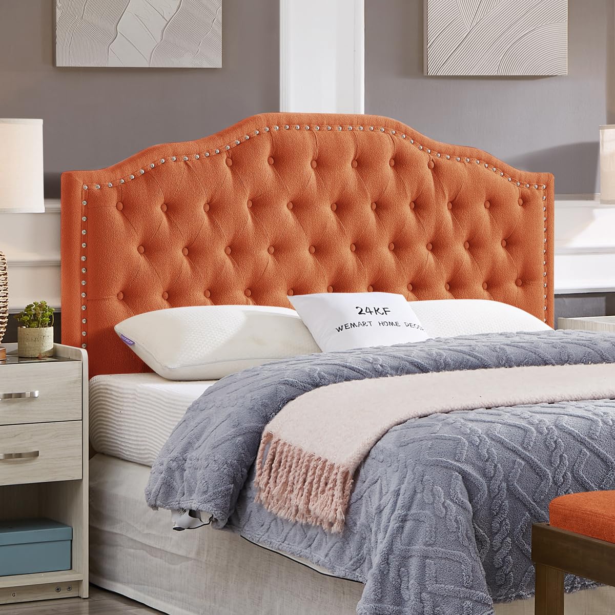24KF Upholstered Button Tufted King Size Headboard with Nailhead Trim, Soft Velvet Fabric Headboard King/Cal King Size -Dark Gray
