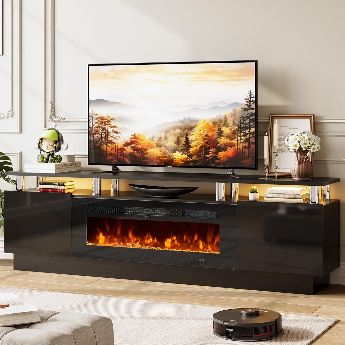 70" TV Stand for Living Room, Modern Entertainment Center & Media Console, Fits TVs up to 80", Storage Cabinet with Shelves, 36" Electric Fireplace with LED Flame (All Black)