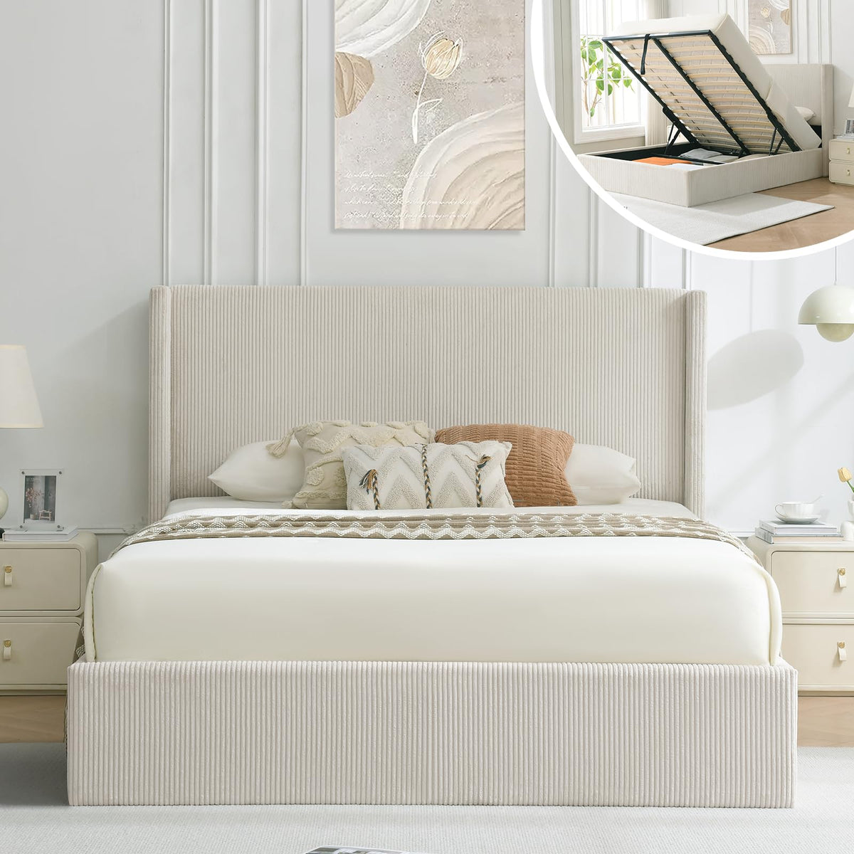 VELOCAVA California King Lift-Up Bed, Wingback Headboard, Corduroy Coffee