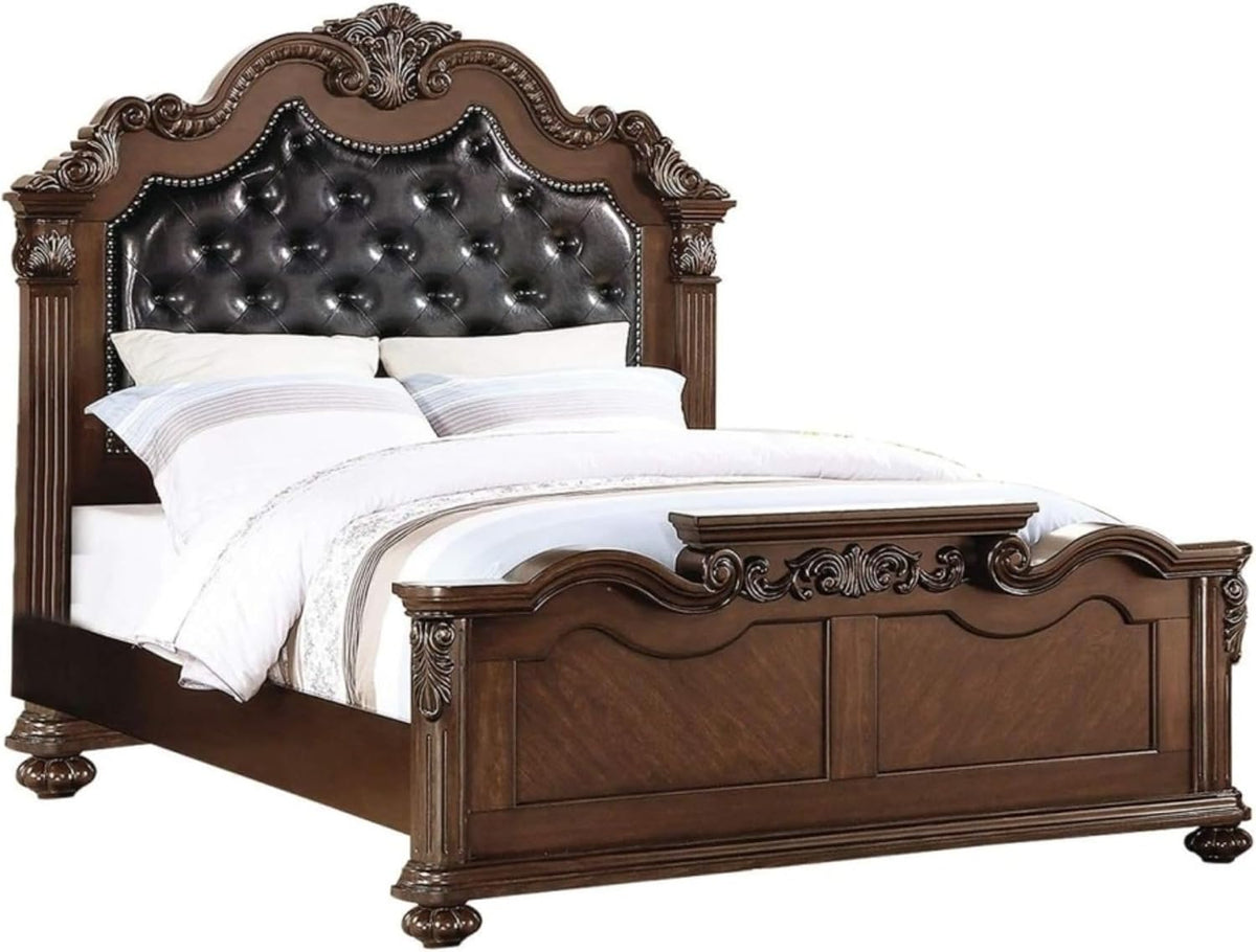 Traditional King Bed Frame Solid Wood Ornate Carved Headboard Footboard Scalloped Crown Bun Feet Slatted Support System Foundation Required Classic Bedroom Statement Piece Antique (Cherry A -1)