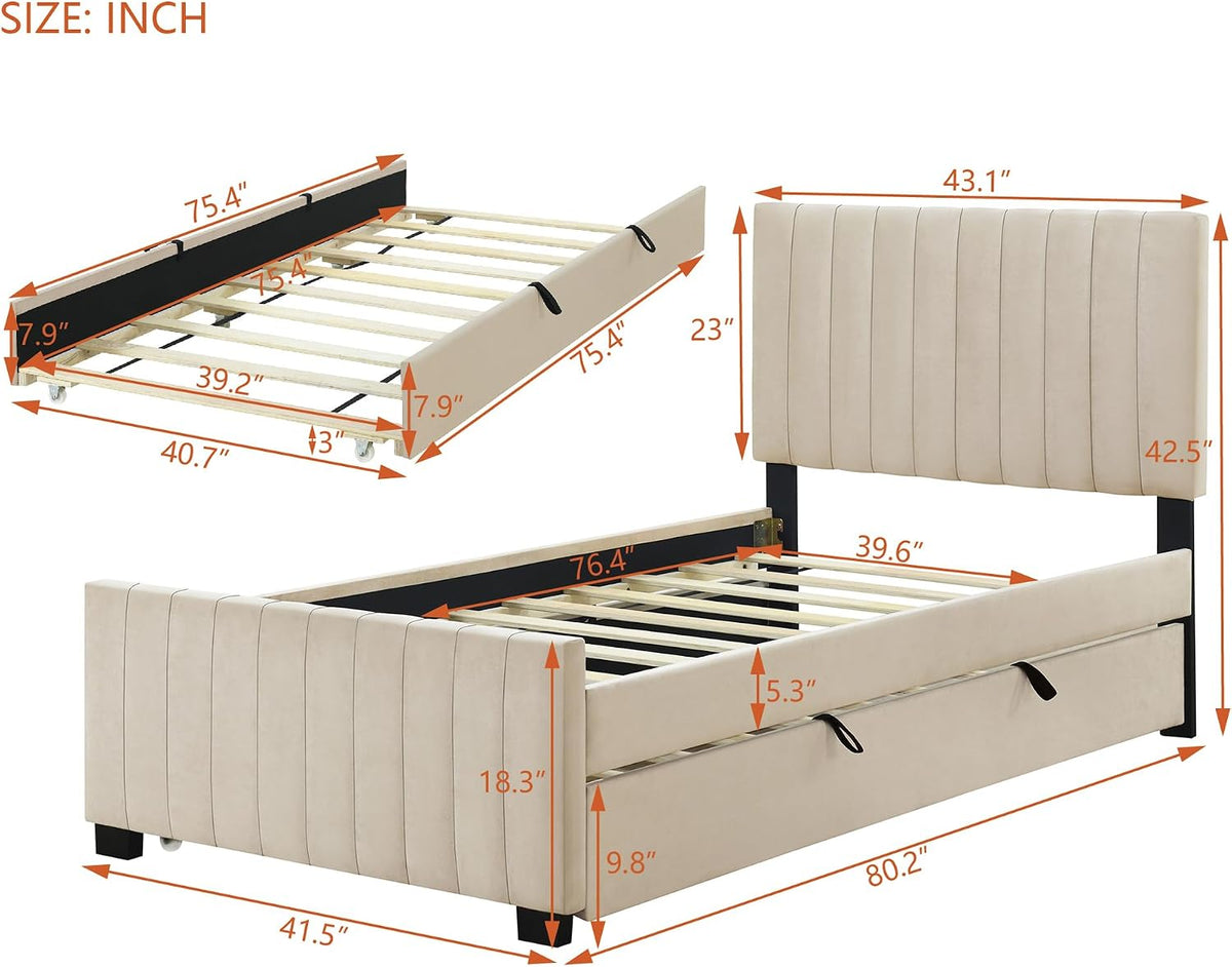 Merax Twin Size Velvet Upholstered Platform Bed, Wood Bed Frame with Twin Size Trundle, Beige