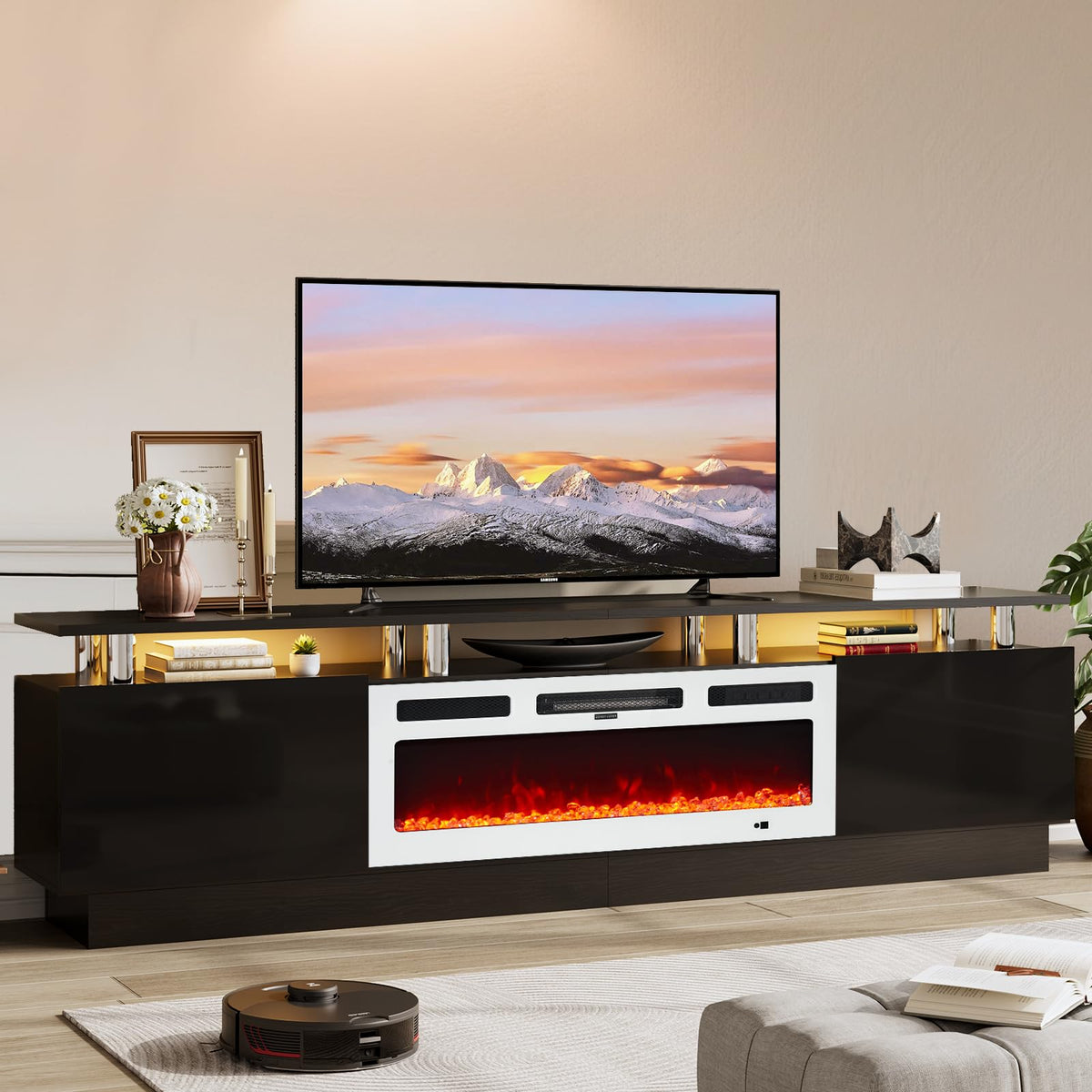 70" TV Stand for Living Room, Modern Entertainment Center & Media Console, Fits TVs up to 80", Storage Cabinet with Shelves, 36" Electric Fireplace with LED Flame (All Black)
