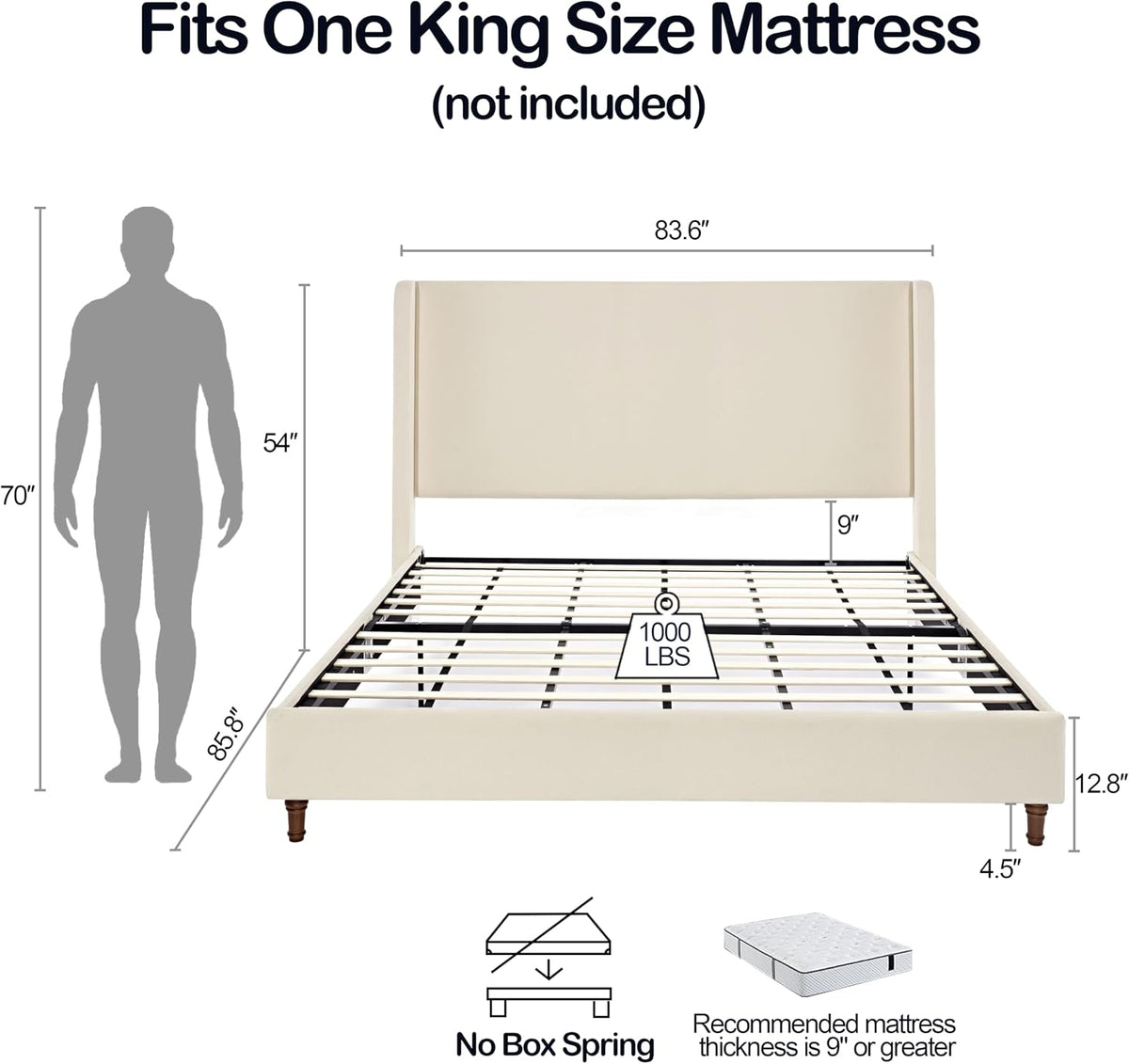 Harper Bed Frame with 54" Extra-Tall Headboard - Modern Wingback Upholstered Platform Bed, Textured Boucle Fabric, 1000lbs Heavy Duty Support, No Box Spring Needed(Ivory, King U.S. Standard)