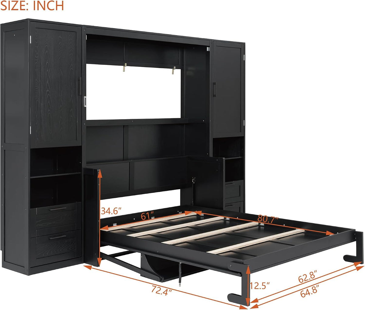 Merax Queen Murphy Bed with Side Wardrobes & Drawers, Queen Size Wall Bed Frame, Multi-Functional Hidden Fold Down Cabinet Bed with Clothing Hanging Rods & Open Shelves, Black