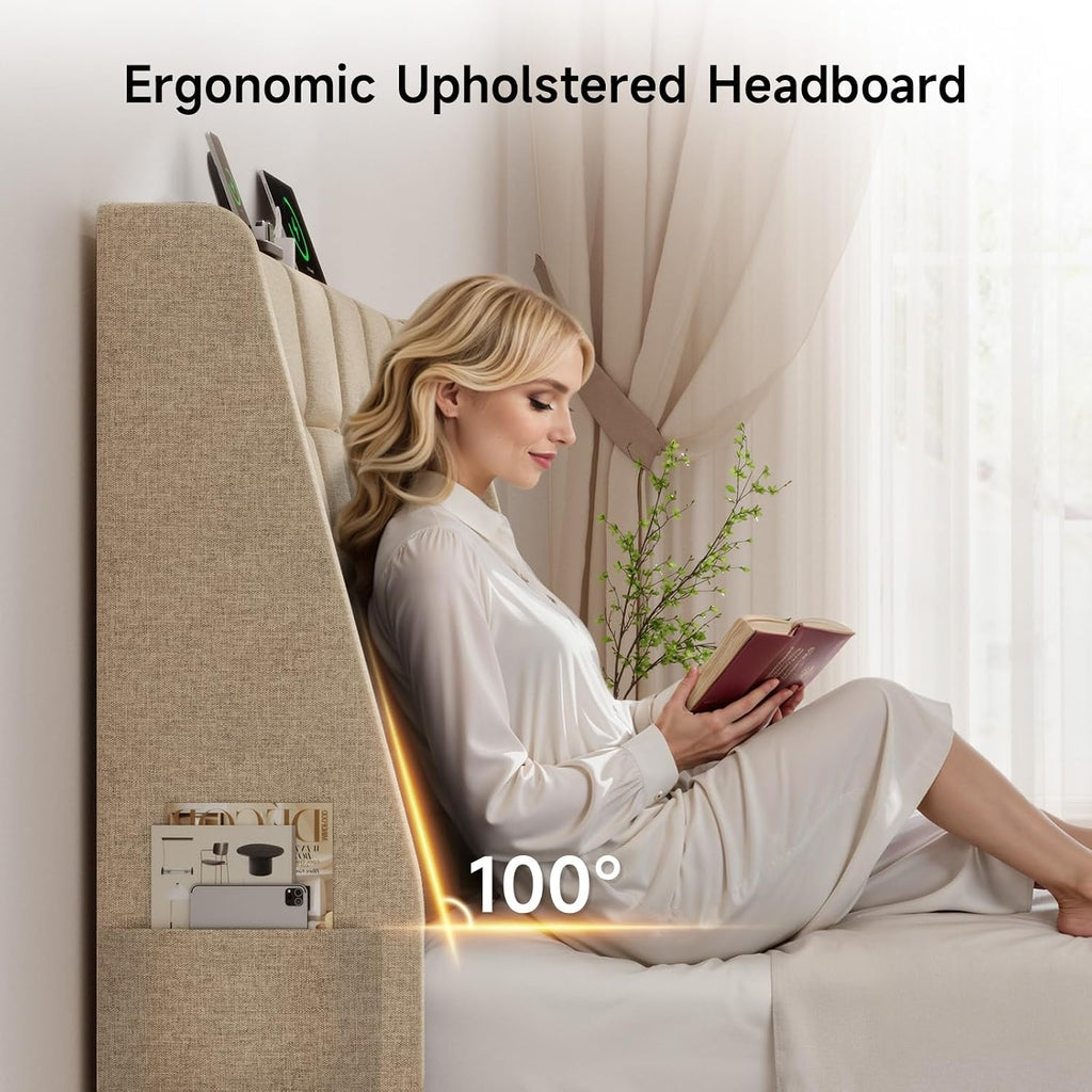 ONBRILL Ergonomic Headboard Full Size with Charging Station, Beige