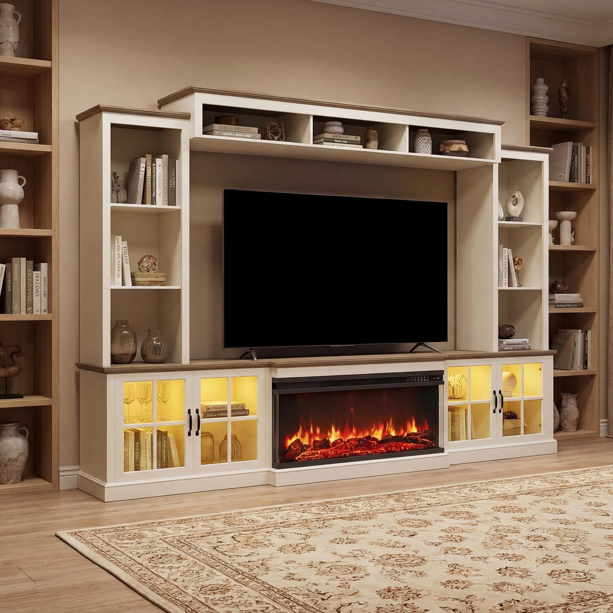 Black Farmhouse TV Stand with Fireplace, Entertainment Center, 98" Wall Unit Media Console with Bookshelf, Cabinet & Power Outlets & Barn Doors, Fits TVs Up to 75” for Living Room