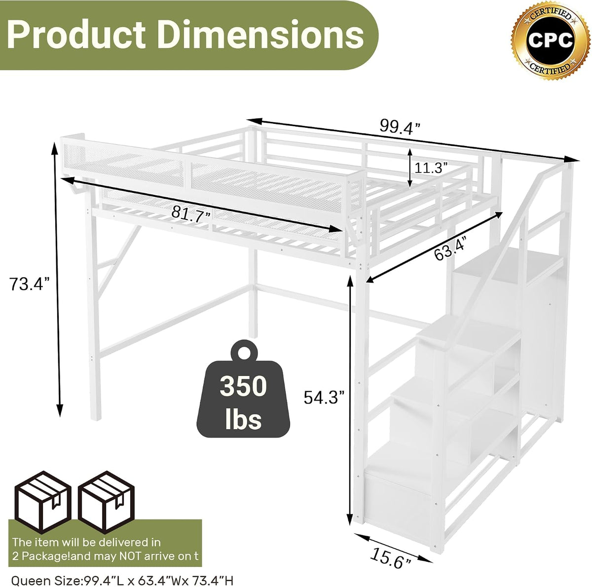 Mirightone Queen Size Loft Bed with Stairs and Storage, Metal Loft Bed Frame with Bedside Shelf and Large Under-Bed Space, Heavy-Duty Loft Beds for Adults Teens and Kids, Convertible Staircase, White