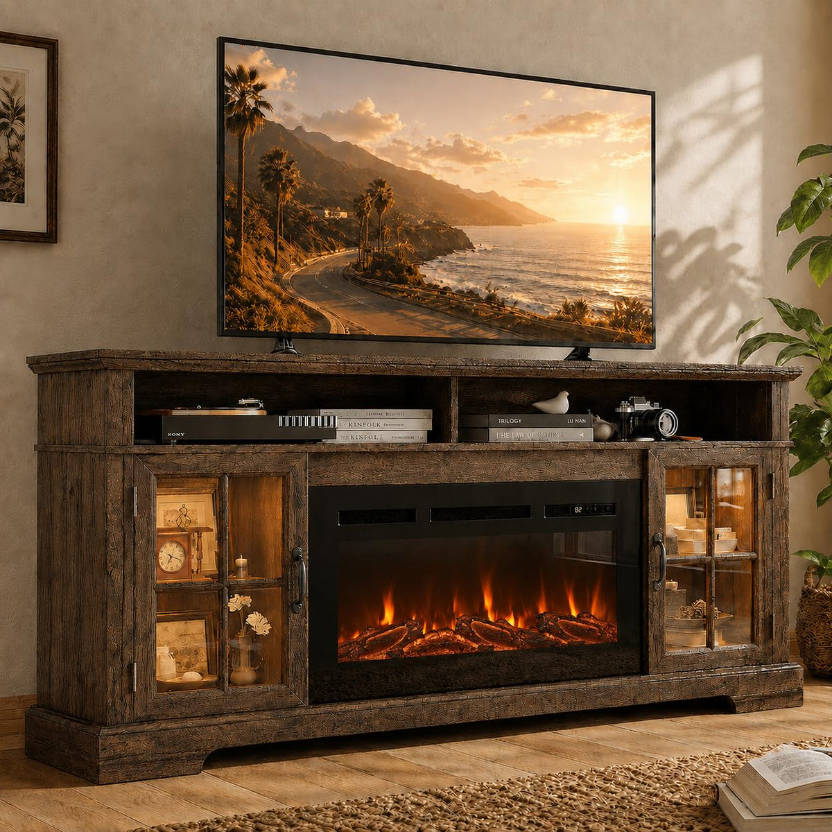 70" Farmhouse Fireplace TV Stand for TVs up to 80", Entertainment Center with 36" Electric Fireplace, LED Lights and Glass-Door Storage Cabinets, Brown