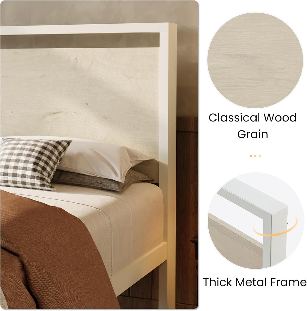 SHA CERLIN 14 Inch Queen Metal Platform Bed Frame with Wooden Headboard and Footboard, No Box Spring Needed, Large Under Bed Storage, Heavy Duty Slats Support, White Washed Oak