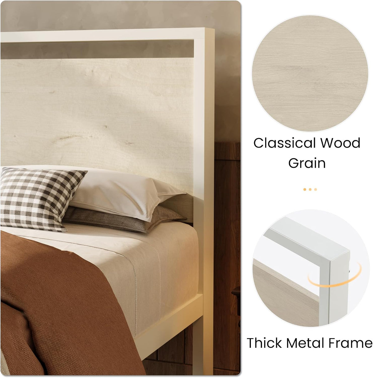 SHA CERLIN 14 Inch Queen Metal Platform Bed Frame with Wooden Headboard and Footboard, No Box Spring Needed, Large Under Bed Storage, Heavy Duty Slats Support, White Washed Oak