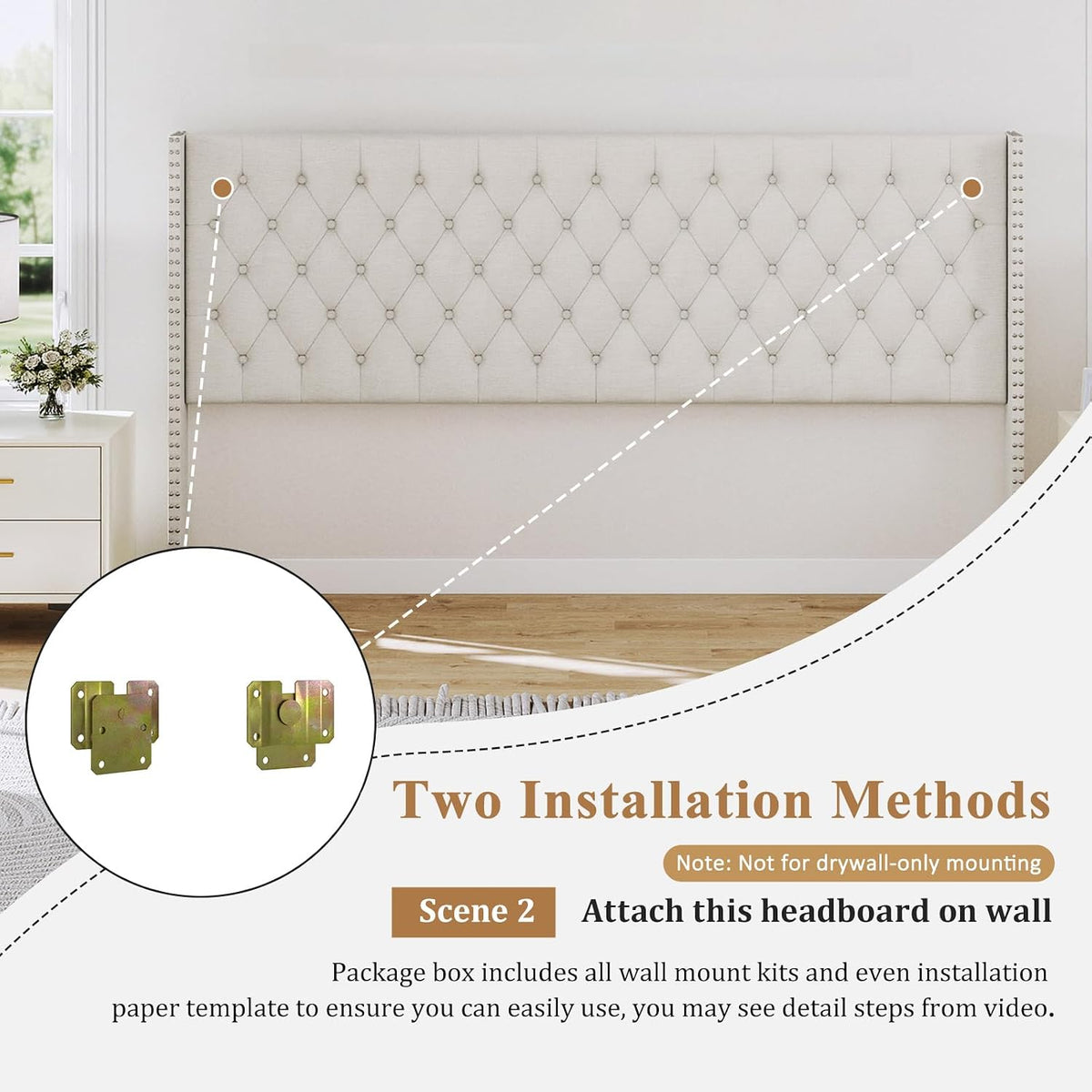 Furpopup Linen King Size Headboard Only, Wingback Wall Mount, Ivory