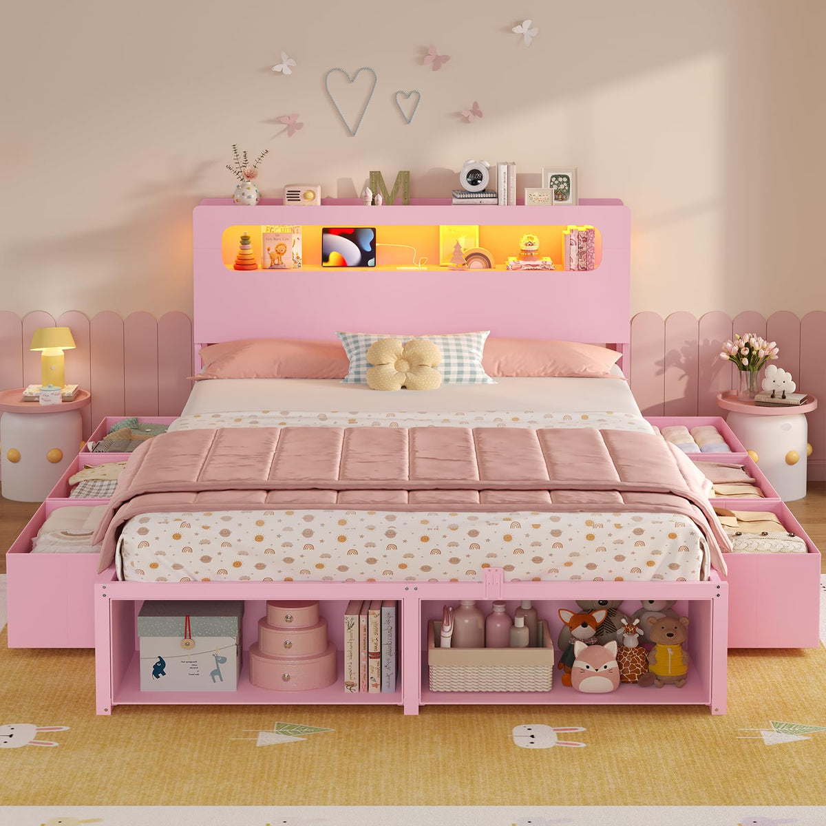 ADORNEVE Twin Bed Frame with 6 Storage Drawers & LED Headboard, Black
